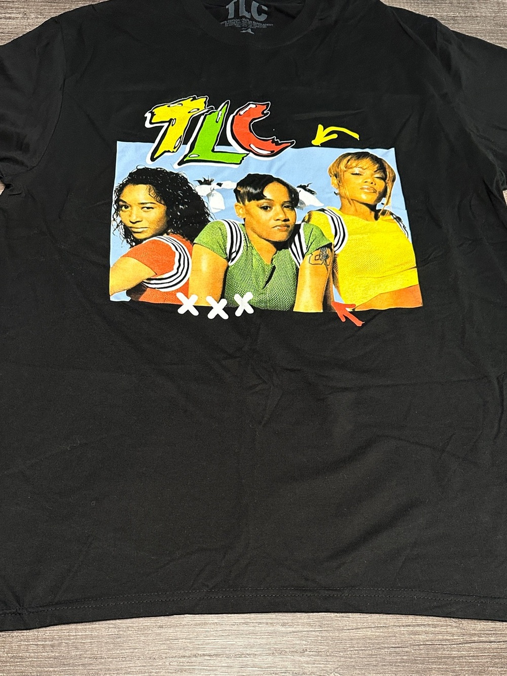 TLC Black Tee with Colorful Band Photo Graphic